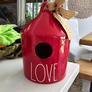 Rae Dunn NWT Red Ceramic Birdhouse With Burlap Ribbon Love Artisan